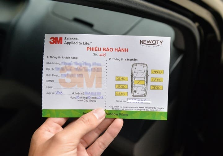 phiếu bảo hành phim cách nhiệt ô tô 3m